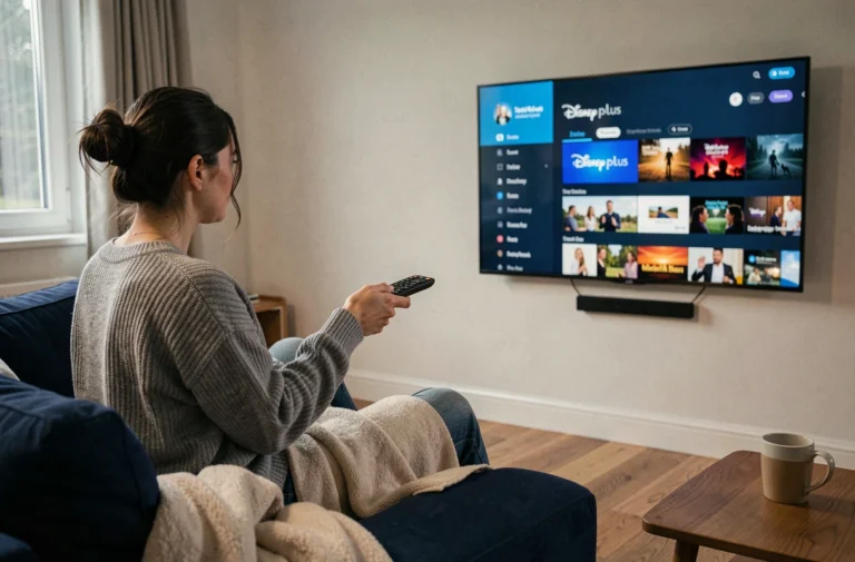 Femme abonnée à Disney Plus regardant l'interface de la plateforme sur sa télévision dans un salon moderne et cosy