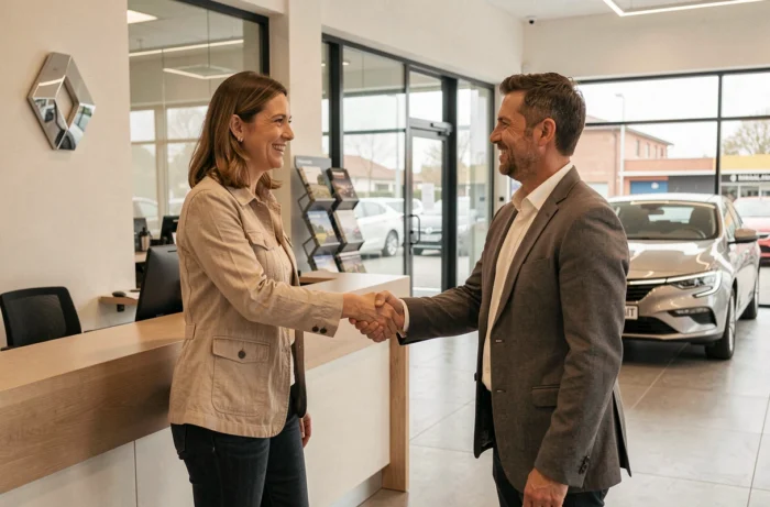 Cliente satisfaite accueillie par un conseiller au comptoir d'accueil du garage Renault L'Union Auto près de Toulouse