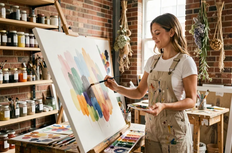 Femme artiste peignant à l'aquarelle dans un atelier créatif urbain entouré de matériel artistique