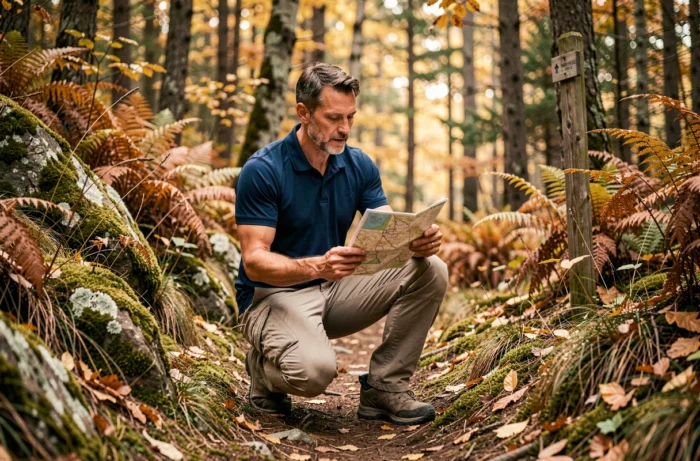 Homme en randonnée en forêt automnale consultant une carte de sentier lors d'une activité de plein air