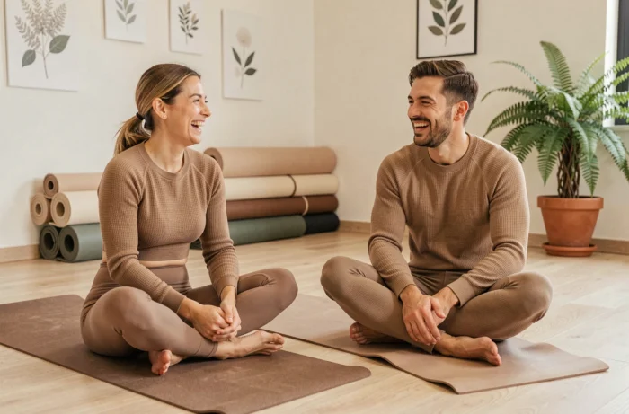 Deux amis souriants en tenue de sport assis sur des tapis de yoga dans un studio de bien-être avant un cours