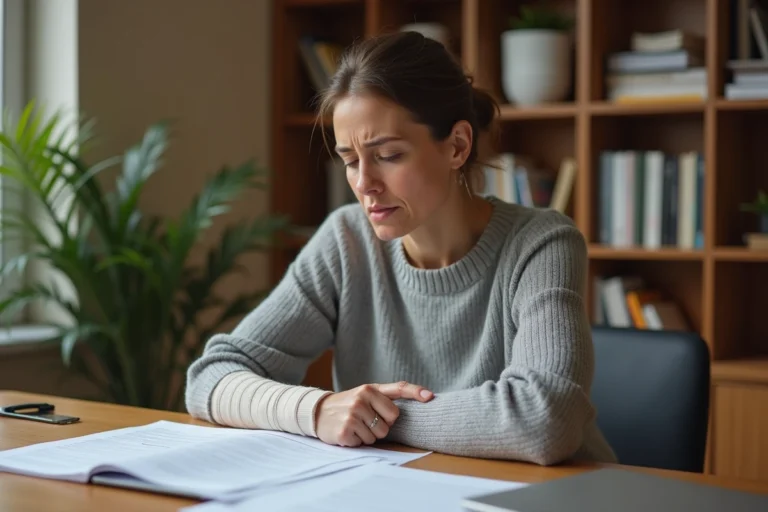 Femme avec algodystrophie au poignet consultant des documents d'arrêt de travail à domicile