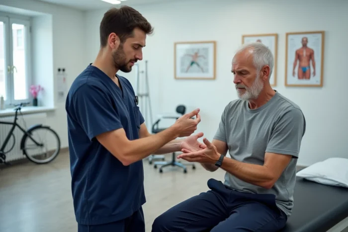 Kinésithérapeute examinant la main d'un patient atteint d'algodystrophie en centre de rééducation