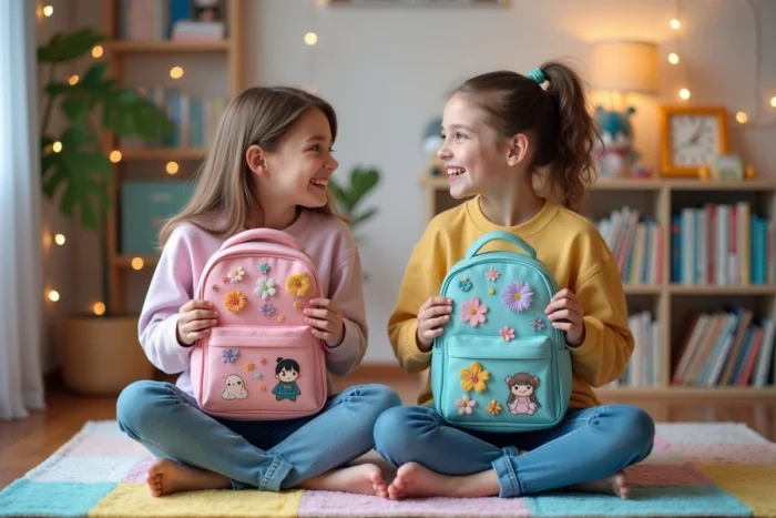Deux adolescentes comparant leurs cartables kawaii personnalisés avec patches brodés et peinture sur tissu