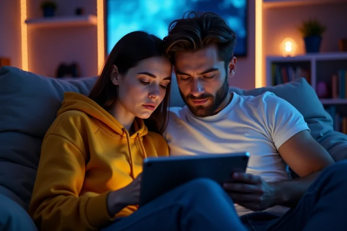 Deux amis comparant des services de streaming en ligne sur une tablette dans une salle gaming moderne