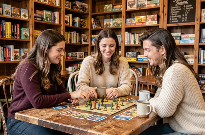 Groupe d'amis jouant à un jeu de société stratégique dans un café de jeux convivial, tendance loisirs et socialisation 2024