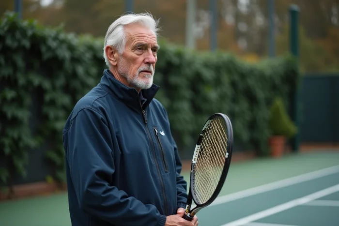 Ancien joueur de tennis contemplant un court historique en plein air avec une raquette vintage, évoquant les grandes années du Grand Chelem