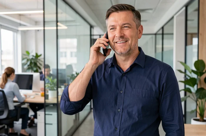 Homme en train de téléphoner au service client dans un bureau moderne