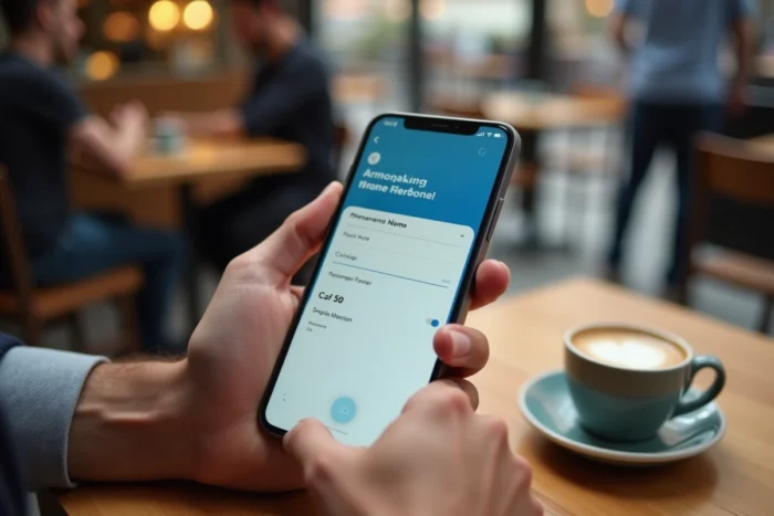Smartphone affichant le formulaire de changement de nom sur l'application EasyJet posé sur une table de café