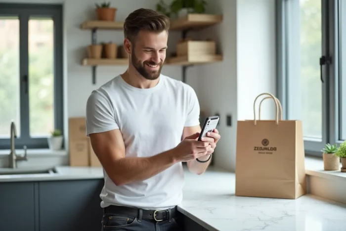 Homme consultant la garantie d'authenticité sur l'application Zalando depuis son smartphone dans un appartement moderne
