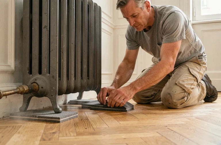 Artisan posant des patins en feutre sous les pieds d'un radiateur en fonte pour protéger un parquet en chêne clair