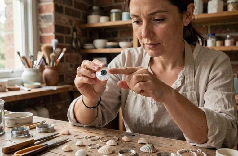 Artisane tenant un œil de sainte lucie entre ses doigts dans un atelier de bijouterie artisanale