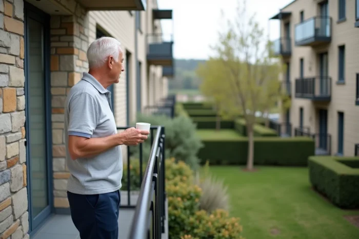 Résident senior profitant de son balcon avec vue sur le jardin paysager de la résidence Les Diagonales Bergerac