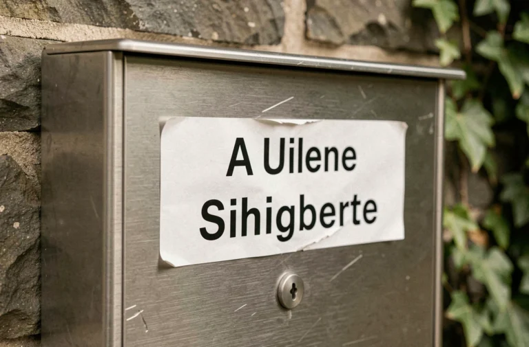Boîte aux lettres en acier inoxydable avec deux noms inscrits sur une étiquette adhésive blanche, montée sur un mur en pierre