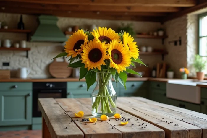 Bouquet de tournesols dans un vase en verre sur une table en bois rustique, décoration naturelle symbolisant l'espoir