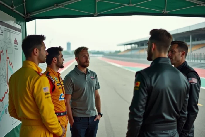 Groupe de participants et instructeur en briefing devant un tableau de circuit lors d'un stage de pilotage automobile