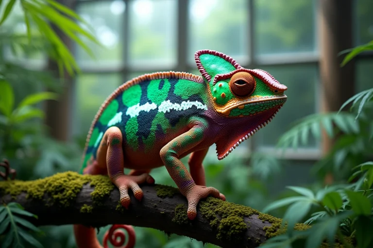 Caméléon aux écailles multicolores perché sur une branche moussue dans une serre tropicale, symbole de l'identité non-binaire et xénogenre