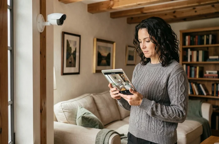 Femme vérifiant une caméra de surveillance sans fil installée dans son salon pour sécuriser son domicile