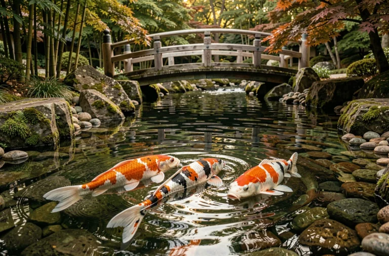 Carpes koï japonaises aux motifs Kohaku et Showa nageant dans un bassin de jardin traditionnel entouré de pierres et de bambous