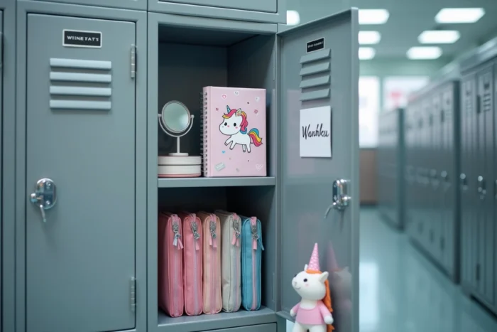 Casier scolaire décoré en style kawaii avec trousses colorées, stickers et étiquette personnalisée en washi tape