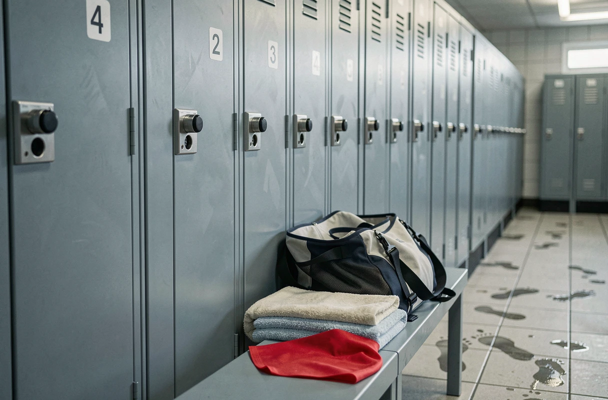 Casiers métalliques numérotés dans les vestiaires de la piscine Jules Verne à Nantes avec bonnet de bain et sac de sport