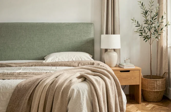 Chambre contemporaine française avec tête de lit en lin vert sauge, literie superposée en blanc cassé et table de nuit en chêne massif
