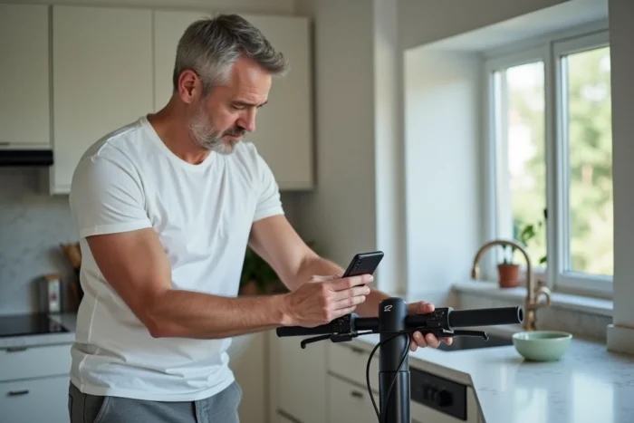 Homme branchant le câble de charge d'une trottinette électrique Urban Glide 140 dans un appartement moderne