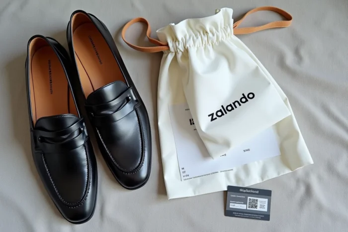Mise en scène de chaussures en cuir avec certificat d'authenticité Zalando et reçu de commande en vue à plat