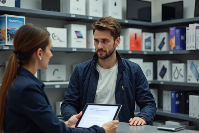 Client et conseiller en magasin d'informatique discutant de l'utilisation du CPF pour l'achat d'un ordinateur