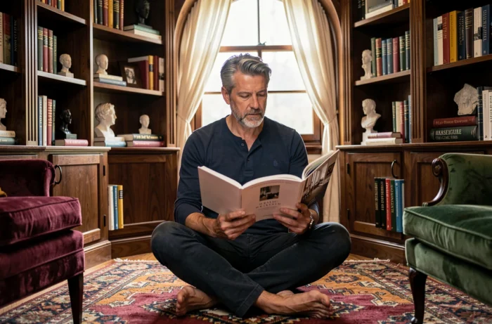 Homme lisant un livre de décoration intérieure dans un coin lecture cosy avec étagères en noyer et tapis marocain aux couleurs riches