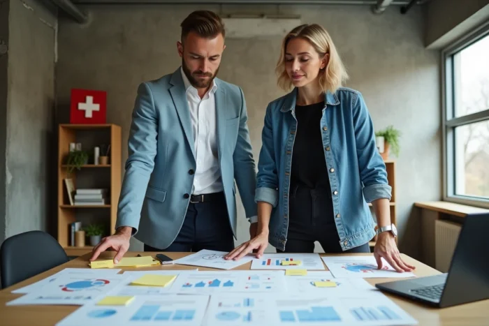 Deux entrepreneurs suisses collaborant sur un projet de startup dans un bureau moderne