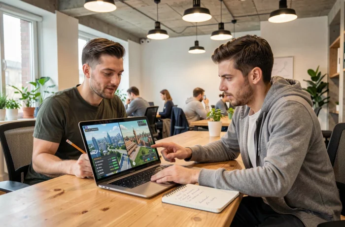 Deux collègues collaborant sur un serious game environnemental en ligne dans un espace de co-working