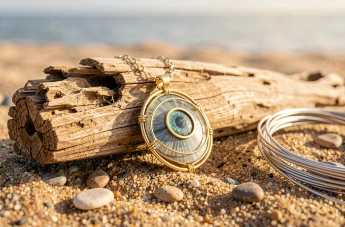 Collier artisanal avec un œil de sainte lucie serti en fil doré posé sur un morceau de bois flotté