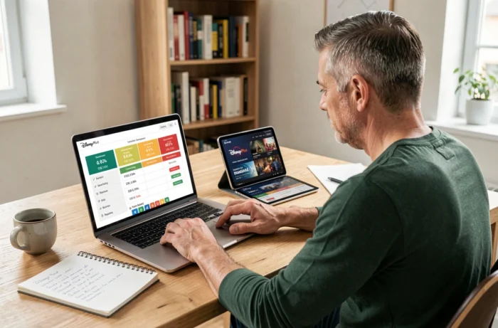 Homme comparant les tarifs et abonnements Disney Plus sur un ordinateur portable dans un bureau à domicile