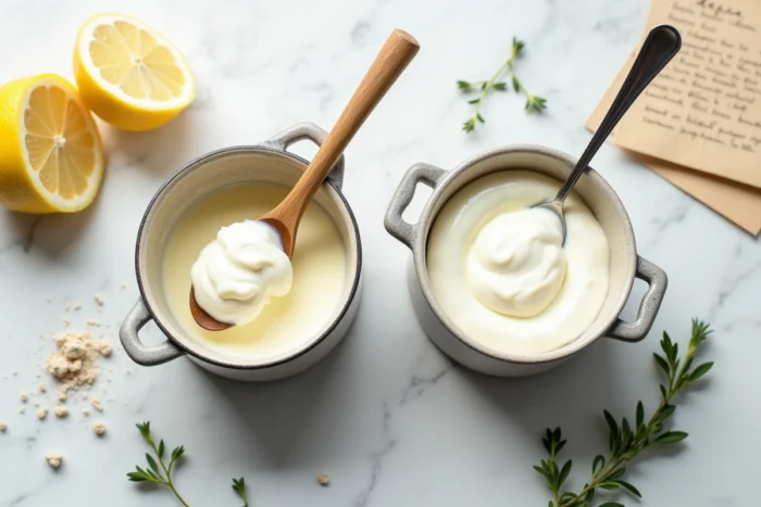 Vue de dessus de crème fraîche et mascarpone sur marbre blanc avec ingrédients de cuisine