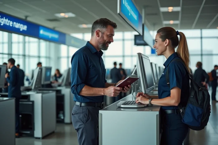 Passager demandant une correction de nom à un agent EasyJet au comptoir d'enregistrement de l'aéroport