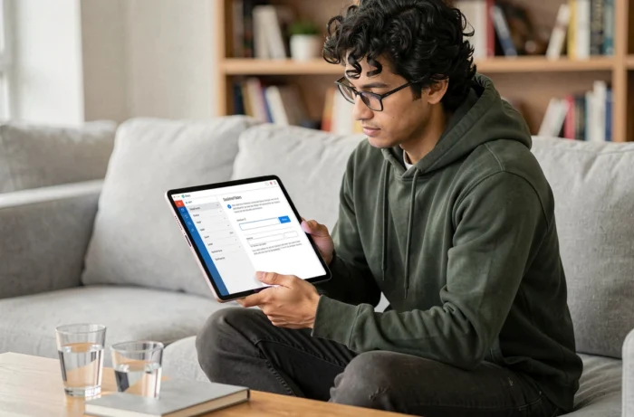Jeune homme configurant la messagerie Akeonet sur une tablette dans son salon