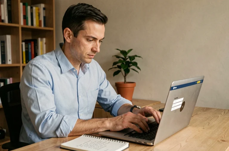 Homme configurant son compte Akeonet sur un ordinateur portable dans un bureau à domicile