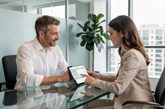 Conseiller bancaire présentant des options de crédit immobilier sur une tablette à une cliente dans un bureau moderne