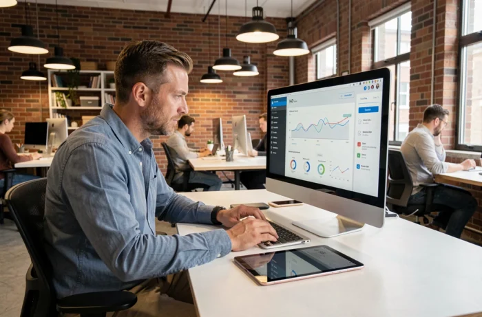 Conseiller immobilier IAD consultant ses outils professionnels sur un écran d'ordinateur dans un espace de coworking