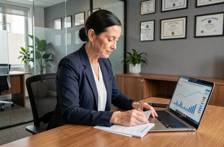 Conseillère bancaire analysant des documents de crédit immobilier dans un bureau professionnel moderne