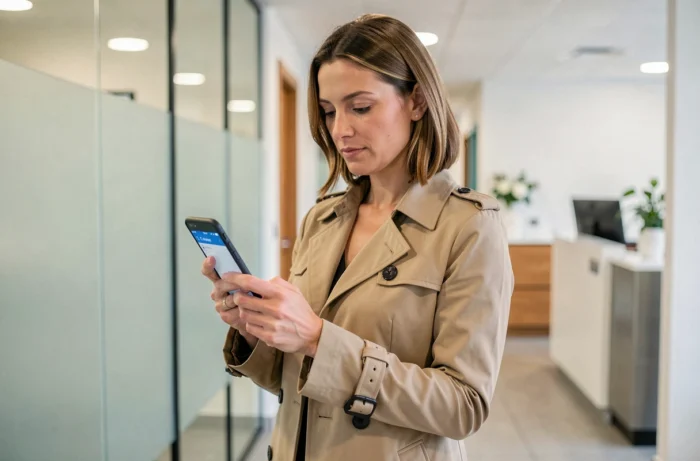 Conseillère IAD utilisant l'application intranet immobilier sur smartphone dans le couloir d'une agence professionnelle