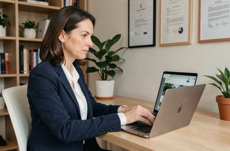 Conseillère immobilière IAD accédant à son espace intranet professionnel sur un ordinateur portable dans un bureau à domicile moderne