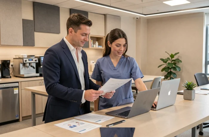 Conseiller en santé et collègue en tenue médicale collaborant sur des documents dans un espace de travail dédié aux professionnels