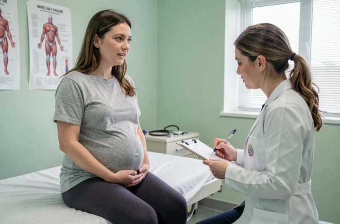 Femme enceinte en consultation médicale pour décollement placentaire recevant des conseils sur le repos et le sommeil