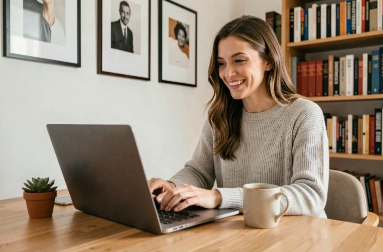 Femme souriante contactant une équipe en ligne depuis son bureau à domicile