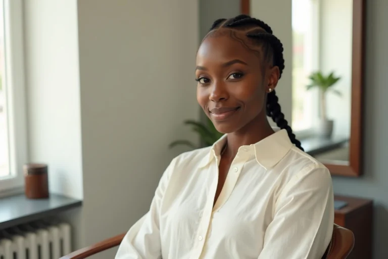 Jeune femme noire portant des cornrows géométriques sur cheveux courts dans un salon de coiffure moderne