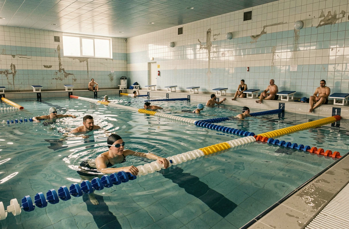 Intérieur de la piscine Jules Verne avec couloirs de nage, nageurs adultes et bonnets de bain