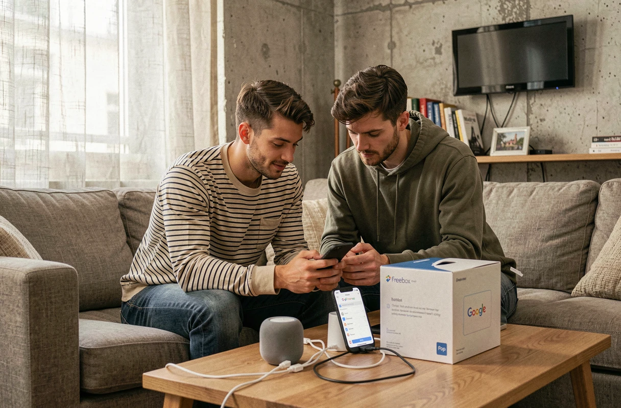 Couple consultant l'application Google Home pour connecter leur Freebox Pop dans un appartement parisien