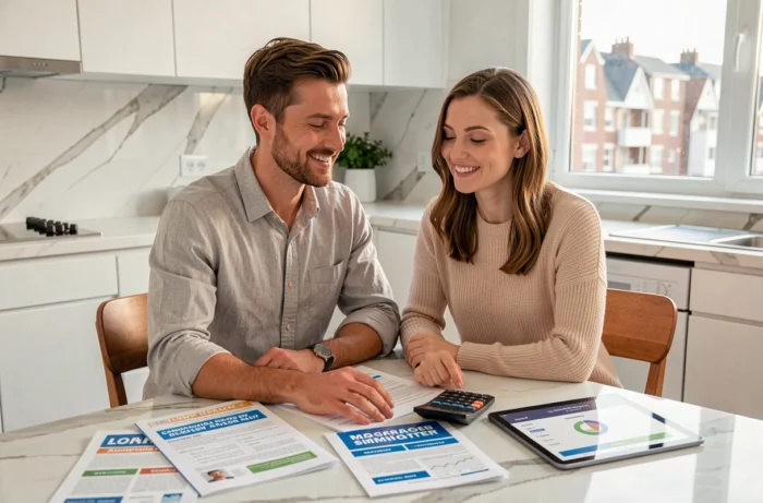 Couple comparant des offres de prêt immobilier à leur domicile avec des documents et une tablette
